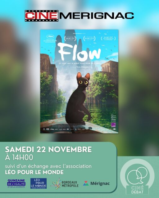 🎬 FLOW & PHILO POUR VIVRE ENSEMBLE 🌍
Ciné-débat – Samedi 22 novembre 2025 | 14h-16h30 | Cinéma de Mérignac
Et si on rêvait ensemble d’un monde plus solidaire ? 💫
Dans le cadre de la Journée internationale des droits de l’enfant et de la Quinzaine de l'égalité et de la diversité, Léo Pour Le Monde vous invite à un moment fort : la projection du magnifique film d’animation Flow, suivie d’un débat philo participatif ouvert à tous, petits et grands.
🕊️ Une invitation à réfléchir, échanger et s’émerveiller autour du vivre ensemble !
🎟️ Entrée gratuite
👉 Réservation : https://my.weezevent.com/leo-pour-le-monde-projection-debat-flow
Evénement organisé par Léo pour le Monde, en partenariat avec le Cinéma de Mérignac, Bordeaux Métropole et la Ville de Mérignac