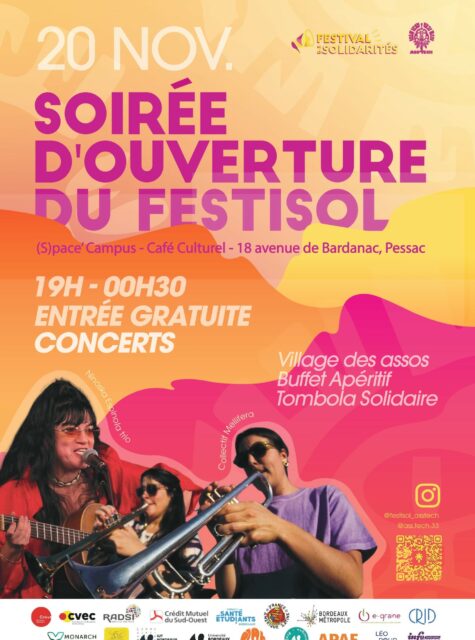 🌍 Léo Pour le Monde participe au Festival des Solidarités (Festisol) ! 🌍
Venez nous rencontrer lors de la soirée de lancement, au cœur du village associatif, pour échanger sur nos actions et découvrir les initiatives solidaires locales et internationales 🌱
📅 Jeudi 20 novembre à 19h
📍 (S)pace’ Campus – Café Culturel - 18 avenue de Bardanac, Pessac
Cette soirée, organisée par les étudiants de l’IUT Bordeaux Montaigne, marquera le coup d’envoi du Festisol !
Nous vous y attendons nombreux !
💬 Ensemble, faisons vivre la solidarité, ici et ailleurs !
👉 Découvrez le programme complet du festival, porté par le collectif Bordeaux Solidarités :
https://www.calameo.com/read/007794513a6dcc3fda9ee