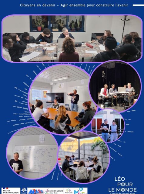 Dans le cadre du projet "Citoyens en devenir - Agir ensemble pour construire l'avenir", porté par Léo Pour Le Monde, en partenariat avec la ML2R CADILLAC, la MISSION LOCALE TECHNOWEST et la MJC Centre-ville de Mérignac, plusieurs jeunes ont été impliqués dans un processus de création artistique autour de l’écriture, de la composition et de l’enregistrement d’une chanson, aux côtés de l’artiste Makja MAKJA.

Ce projet collectif, porté par l’énergie et la sincérité des jeunes, questionne le monde actuel à travers des textes sensibles et engagés, et fait émerger un message d’espoir fondé sur la solidarité et l’entraide.
Le projet affirme que l’avenir se construit ensemble, dans le respect des différences et au-delà des origines et des clichés. 
Agir ensemble devient alors une force collective pour transformer les épreuves en leviers et bâtir un monde plus juste et plus humain !

👏 Un grand bravo à Drys, Garance, Juliette, Shana, Laurene, Ayatou, Jade, Jimmy, Kaison, Quentin, Kelly, Jérémie, Marine, Linoa, Roberto, Marouane, Yasmine, Mohamed pour leur participation, leur engagement, et merci à Makja pour avoir accompagné ce projet si riche ! 

Le projet continue, en associant l'art à la philo,.. après l'écriture, la danse !

Projet financé par la Caf de la Gironde et la Préfecture de la région Nouvelle-Aquitaine, préfecture de la Gironde.