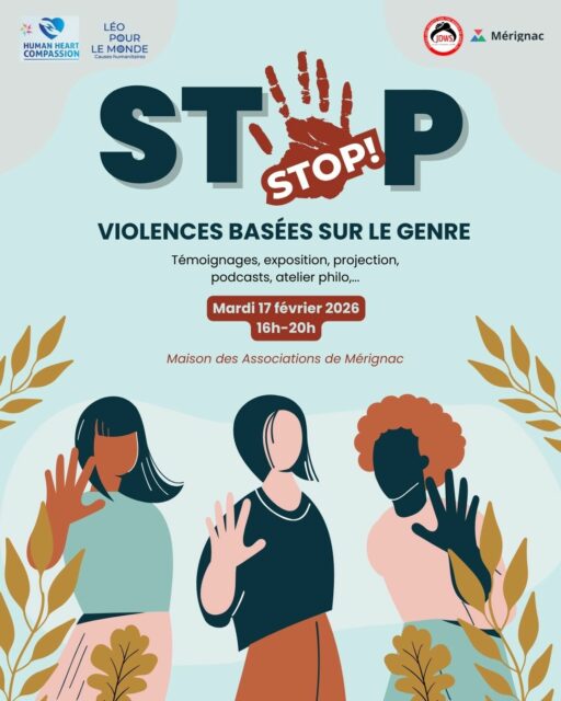 ✋ STOP aux violences basées sur le genre

Le 17 février, Léo Pour le Monde donne rendez-vous à Mérignac pour un événement de sensibilisation et de réflexion autour des violences basées sur le genre.

🔔 Au programme : témoignages, exposition photographique, podcasts et projections, atelier philo ouvert à toutes et tous, performance artistique.

📅 Mardi 17 février 2026 
⏰ 16h – 20h 
📍 Maison des Associations de Mérignac

Parce que parler, comprendre et agir sont déjà des formes de résistance.

Inscription vivement conseillée : retrouvez le lien en bio

#StopVBG #ViolencesBaséesSurLeGenre #Égalité #DroitsDesFemmes #Solidarité #LéoPourLeMonde #Mérignac